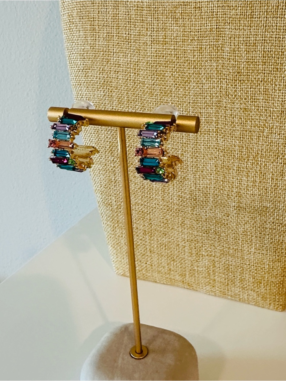 Fashion Jewelry Gold-tone Hoop Earrings with Multicolor Baguette Stones